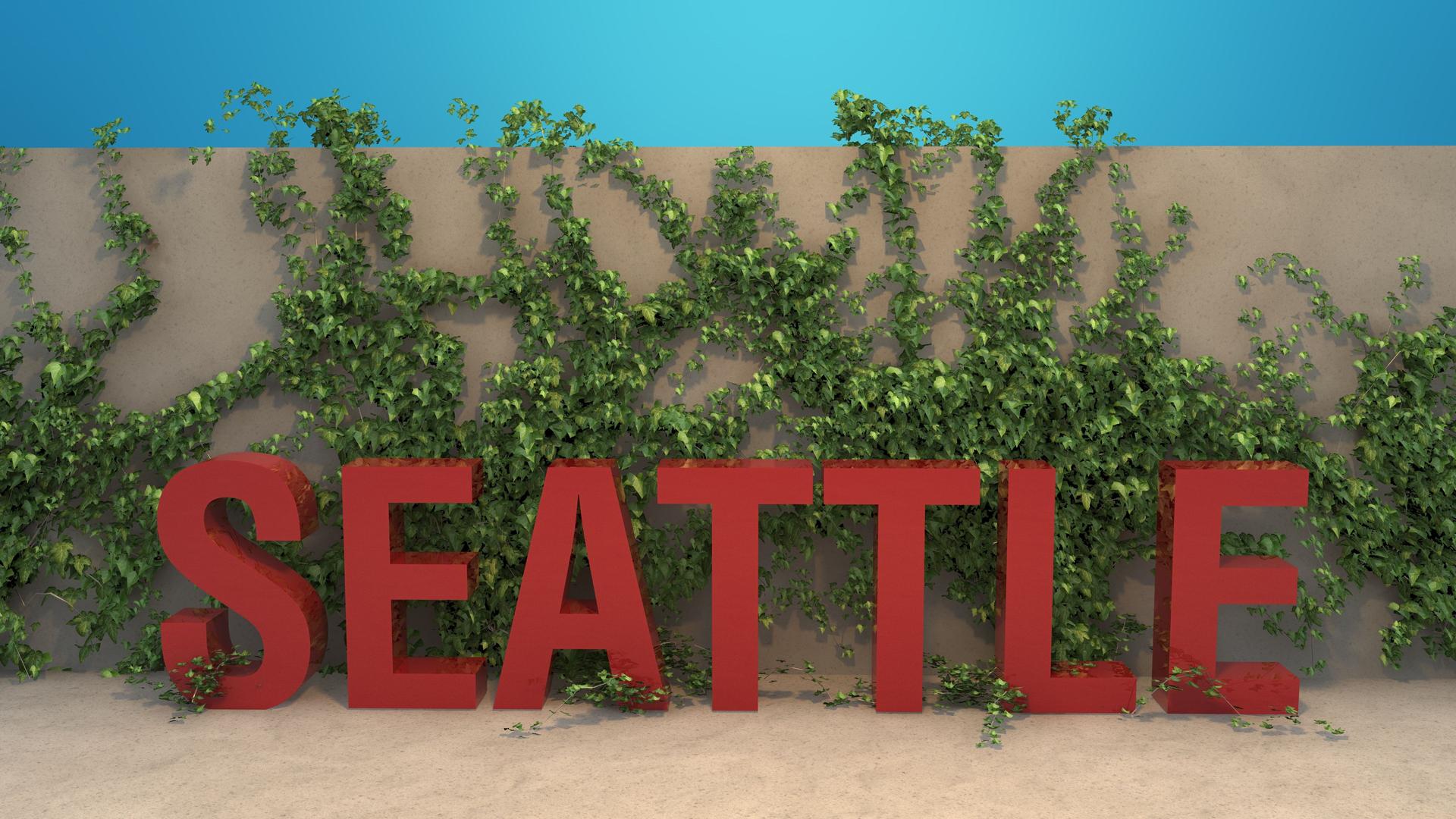 Red Seattle title in front of ivy covered wall 3D render